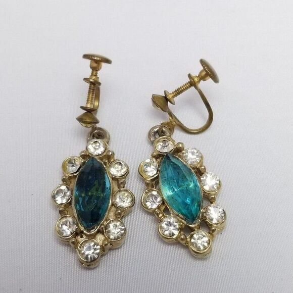 Vintage Blue Marquise Rhinestone Dangle Clip On Earrings, Gold Tone Setting - Picture 6 of 6